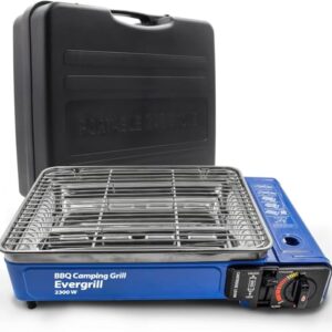 Butangas Camping Gasgrill Evergrill in leuchtendem Blau mit Transportkoffer, ideal für BBQ im Freien