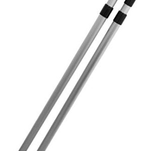 Zwei verstellbare Teleskopstangen aus leichtem Aluminium in grauer Farbe, geeignet für Outdoor-Aktivitäten wie Camping und Zeltaufbau.