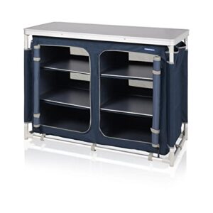 Campart Camping Küche Bilbao mit 2 Fächern und 3 Ablagen, bestehend aus stabilen Aluminiumrahmen und 4 verstellbaren Füßen, ideal für Camping und Outdoor Aktivitäten.