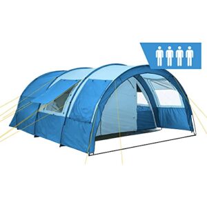 CampFeuer Zelt Multi für 4 Personen in Blau und Hellblau, Tunnelzelt mit großem Vorraum und 5000 mm Wassersäule, ideal für Camping und Outdoor-Aktivitäten.
