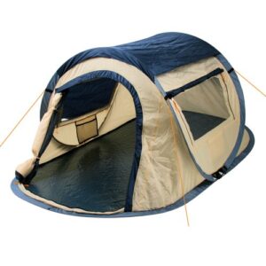 CampFeuer Zelt Quiki für 2 Personen in Creme und Blau, aufgestellt in einer naturnahen Umgebung, ideal für Camping und Festivals.