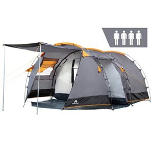 Geräumiges CampFeuer Zelt Super+ für 4 Personen in Grau und Schwarz mit orangefarbenen Akzenten, ideal für Campingausflüge und Familienurlaube, ausgestattet mit zwei Eingängen und großem Vorzelt.