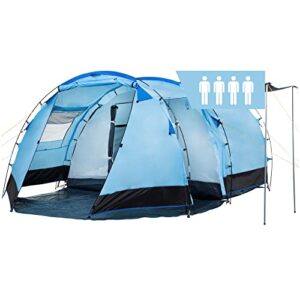 Geräumiges CampFeuer Tunnelzelt Super+ für 4 Personen in Blau und Schwarz, ausgestattet mit zwei Eingängen und hoher Wasserdichtigkeit von 3000 mm, ideal für Camping und Outdoor-Abenteuer.