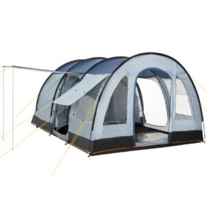 CampFeuer Zelt TunnelX für 4 Personen in Grau und Blau, ideal für Camping und Outdoor-Aktivitäten mit 3 Eingängen und 5000 mm Wassersäule für optimalen Wetterschutz.