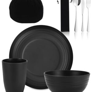Camping Besteck Set in elegantem Schwarz mit flachem Teller, tiefem Schüsseln, Becher und Edelstahlbesteck, ideal für Outdoor-Aktivitäten.