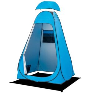 Blaues Duschzelt für Camping und Outdoor-Aktivitäten, Pop-Up Design, wasserdicht mit UPF 50+ Schutz, ideal für private Körperpflege im Freien.