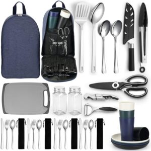 HOMQUEN Camping Essential Set mit Küchenutensilien für Outdoor Aktivitäten wie Camping, Wandern und Picknicks, einschließlich Rucksack, Kochutensilien und Geschirr