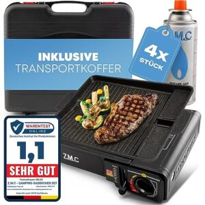 Camping Gaskocher Set mit Grillplatte, 4 Gaskartuschen und Transportkoffer, ideal für Outdoor-Aktivitäten und Grillen.