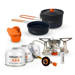 7-teiliges Camping Gaskocher Set mit Aluminium Kochgeschirr, Gaskartuschen und Zubehör für Outdoor-Aktivitäten