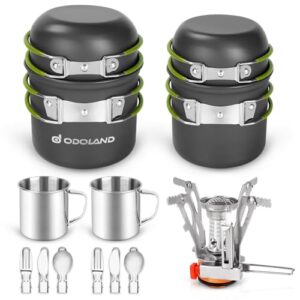 16-teiliges Camping Geschirr Set für 2 Personen mit Edelstahltassen, Kochtöpfen und einem kompakten Mini Campingkocher, ideal für Outdoor-Aktivitäten
