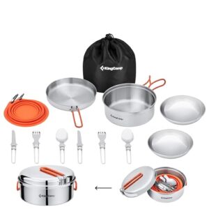 17-teiliges Camping Geschirr Set aus Edelstahl für 2-4 Personen, inklusive Töpfe, Pfannenset und faltbarem Besteck, optimal für Outdoor-Aktivitäten.