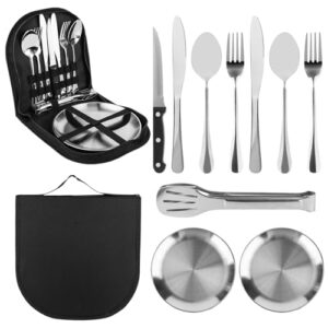 10-teiliges Camping Geschirr Set für 2 Personen aus rostfreiem Edelstahl, inklusive Teller, Gabeln, Löffel, Messer und tragbarem Etui für Outdoor-Aktivitäten.