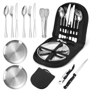 Camping Geschirr Set für 2 Personen, 12-teiliges hochwertiges Edelstahl Besteckset inklusive Tragetasche für unterwegs, ideal für Camping, Picknick und Reisen.