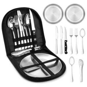 Vielseitiges Camping Geschirr Set aus Edelstahl für 2 Personen, bestehend aus Besteck und Tellern in einer praktischen Tragetasche, ideal für Picknick und Reisen.