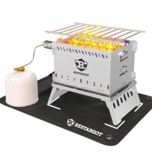 Kompakter hobo Kocher und Gasgrill aus Edelstahl für Camping, tragbar und faltbar, mit aktiver Flamme und Gasanschluss.