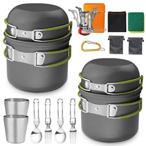 18-teiliges Camping Kochgeschirr Set für 2 Personen mit Aluminium-Töpfen, einem kompakten Gaskocher und Edelstahlbesteck für Outdoor-Aktivitäten.