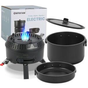 Camping Kochgeschirr Set für 2-4 Personen mit elektrischem und gaskochendem Herd und zwei Töpfen in schwarz, ideal für Outdoor-Kochen und Camping.
