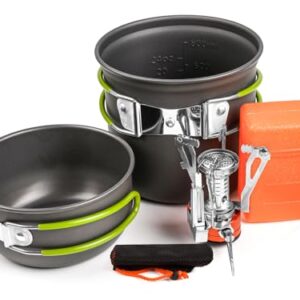 Kompaktes Camping Kochset mit zwei Töpfen, Gaskocher und Zubehör für Outdoor-Abenteuer, geeignet für 1-2 Personen.