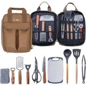11-teiliges Camping-Küchenhelfer Utensilien Set in einer Tragetasche, organisiert mit verschiedenen Kochwerkzeugen wie Zangen, Wender und Schaufeln, ideal für Outdoor-Kochen.