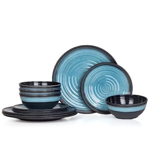 12-teiliges Camping Tafelgeschirr aus Melamin für 4 Personen in elegantem Stone Blue Design, spülmaschinenfest und kratzfest, geeignet für Picknick und Camping.