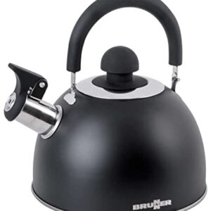 Moderne Camping Teekocher in Schwarz und Edelstahl, ideal für Outdoor-Aktivitäten, mit ergonomischem Griff und breiter Bodenfläche für schnelle Erwärmung.