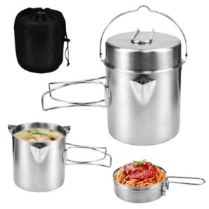 Edelstahl Camping Topf Set für 1-2 Personen, ideal zum Kochen im Freien beim Camping, Wandern oder Picknick. Das Set umfasst einen Hauptkochtopf mit Deckel, einen zusätzlichen Behälter und eine praktische Aufbewahrungstasche.