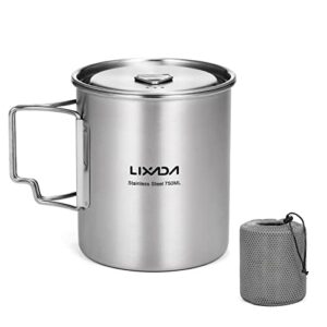 Edelstahl Camping Topf mit 750 ml Fassungsvermögen, faltbaren Griffen und Deckel, ideal für Outdoor-Aktivitäten wie Camping und Wandern.