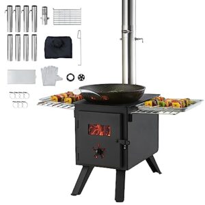VEVOR Zeltofen in schwarz lackiertem Metall, ideal für Camping und Outdoor-Küche, mit Grillrost und Zubehör für vielseitige Nutzung.