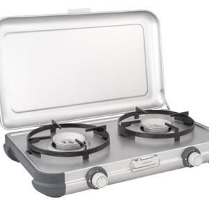 Campingaz Campingkocher Camping Kitchen 2 mit zwei Flammen und gusseisernen Grillgittern, ideal für Outdoor-Abenteuer und Camping, grau, kompakt und leistungsstark.
