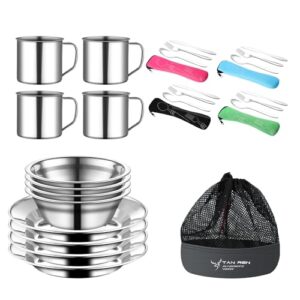 24-teiliges Campingbesteck Set aus Edelstahl für 4 Personen, inklusive Tassen, Besteck und Teller, ideal für Outdoor-Aktivitäten und Picknicks.
