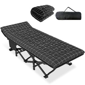 Schwarzes klappbares Campingbett mit gepolsterter Matratze und modernem karierten Design, ideal für Outdoor-Aktivitäten und Reisen.