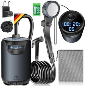 Mobile Campingdusche mit wiederaufladbarem Akku, Duschkopf, flexibler Schlauch und Zubehör für Outdoor-Aktivitäten.