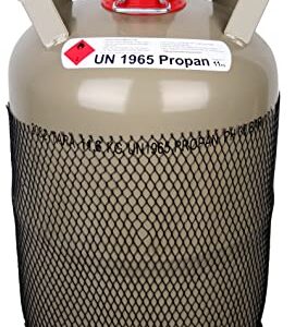 Campinggas Gasflasche 11 kg in beige mit rotem Deckel und Schutzgitter für sicheres Transportieren von Propangas. Ideal für Camping, Grillen und Outdoor-Aktivitäten.