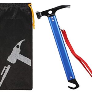 Blauer Campinghammer aus Aluminium mit Haken und Tragetasche, ideal für Camping und Outdoor-Aktivitäten.