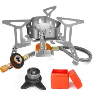 Faltbarer und winddichter Gas Campingkocher mit Piezozündung und hoher Leistung von 3500W, ideal für Outdoor-Aktivitäten wie Camping und Wandern.
