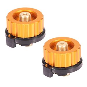 Zwei robuste Campingkocher Adapter in Orange und Schwarz für den Anschluss von Gaskartuschen an Campingkocher, ideal für Outdoor-Abenteuer.