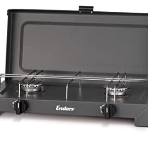 Enders Campingkocher CANBERRA 2 mit zwei stufenlos regulierbaren Edelstahlbrennern, geeignet für Outdoor-Camping und Gartenpartys, kompakt und transportabel.