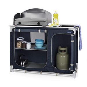 Mobile Campingküche mit zwei Aufbewahrungsfächern, Waschbecken und Windschutz in Blau für Outdoor-Aktivitäten.