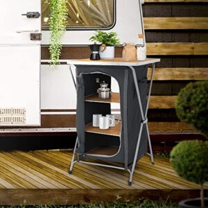 Faltbarer Campingschrank in Holzoptik und Schwarz mit Aluminiumgestell, ideal für Outdoor-Aktivitäten, ausgestattet mit Arbeitsplatte und 3 Ablagen.