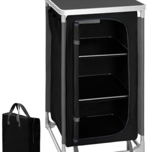 Praktischer Campingschrank aus Aluminium für die Outdoor-Küche mit drei Fächern und Seitentaschen, ideal für Camping und Freizeit, Maße 58x105,5x47 cm.