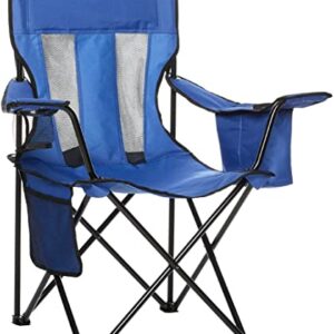 Klappbarer Campingstuhl in Blau mit integriertem Kühlfach und atmungsaktivem Mesh-Gewebe, ideal für Outdoor-Aktivitäten wie Camping und Picknicks.