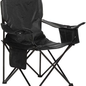 Schwarzer gepolsterter Campingstuhl mit Kühlfach, klappbar und ideal für Outdoor-Aktivitäten wie Camping, Picknick und Festivals.