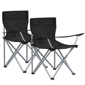 Zwei schwarze Klappstühle für Outdoor-Aktivitäten, leicht und tragbar, mit Armlehnen und Getränkehaltern, ideal für Camping, Strand und Terrasse.