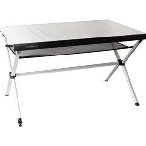 Mobiler Rolltisch Accelerate aus Aluminium in silberner Farbgebung, ideal für Camping und Outdoor-Aktivitäten, mit verstellbaren Beinen und zusätzlichem Stauraum