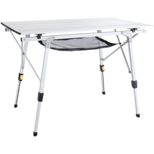 Höhenverstellbarer Campingtisch Variety M aus Aluminium in einer Outdoor-Umgebung, ideal für Camping und Picknicks, mit klappbaren Beinen und Ablagenetz für zusätzlichen Stauraum.