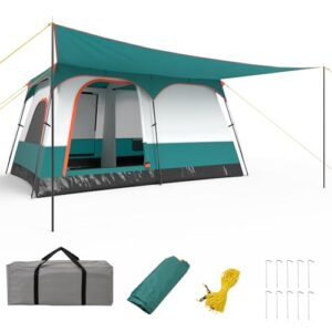 Großes Campingzelt für 4 bis 6 Personen mit Vorzelt und zwei Eingängen, ideal für Familienausflüge und Outdoor-Aktivitäten.