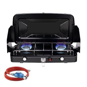Kompakter 2-flammiger Campingkocher mit Edelstahl-Gitter und Piezo-Zündung, ideal für Outdoor-Aktivitäten und Camping, in geöffnetem Zustand mit leuchtenden Flammen.