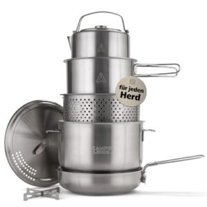 Set aus hochwertigen Edelstahl Töpfen und Deckel für Camping und Outdoor Kochen, stapelbar und induktionsgeeignet