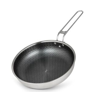 Campo Libre Enzo I Camping Kochgeschirr aus Edelstahl - kompakte, vielseitige Bratpfanne mit innovativer HexaGuard Antihaftbeschichtung und einklappbarem Griff für Camping und Outdoor-Kochen.