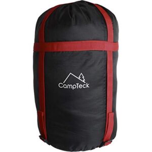 CampTeck Kompressionssack in schwarz, wasserabweisend und leicht, ideal für Schlafsäcke, Kleidung und Outdoor-Aktivitäten. Robustes Material mit Kordelzug und kompaktem Design für effektive Aufbewahrung.